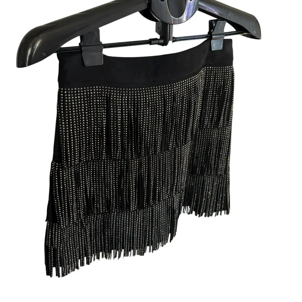 Black Fringe Studded Skirt Medium Western Boho Festival Rodeo Dance Zipper - Picture 2 of 8